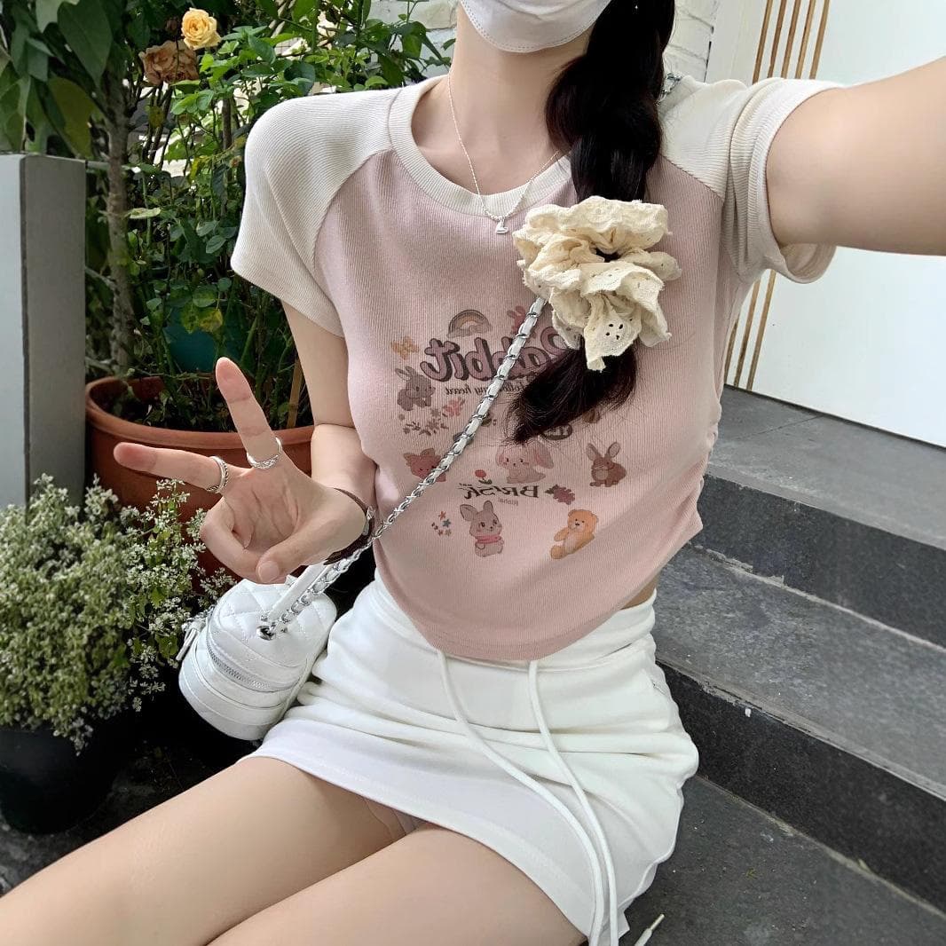 Retro Cartoon Printed Vacancies Short-sleeved T-shirt for Women In Summer New Design Short Slim Top T-shirt XL
