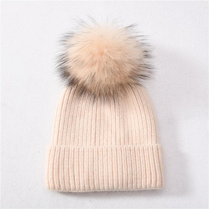 Jaxmonoy Cashmere Knitted Beanie Hat Big Real Raccon Fur Pom Pom Top Beanie High Quality Warm Bonnet Cap Female Hats for Woman