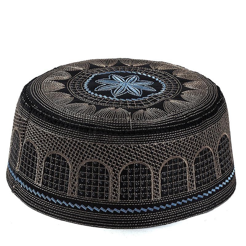1Pc Muslim Hats Arab Men Prayer Hat Musliman Turban Cotton Embroidery Man Hijab Bonnet 59cm black