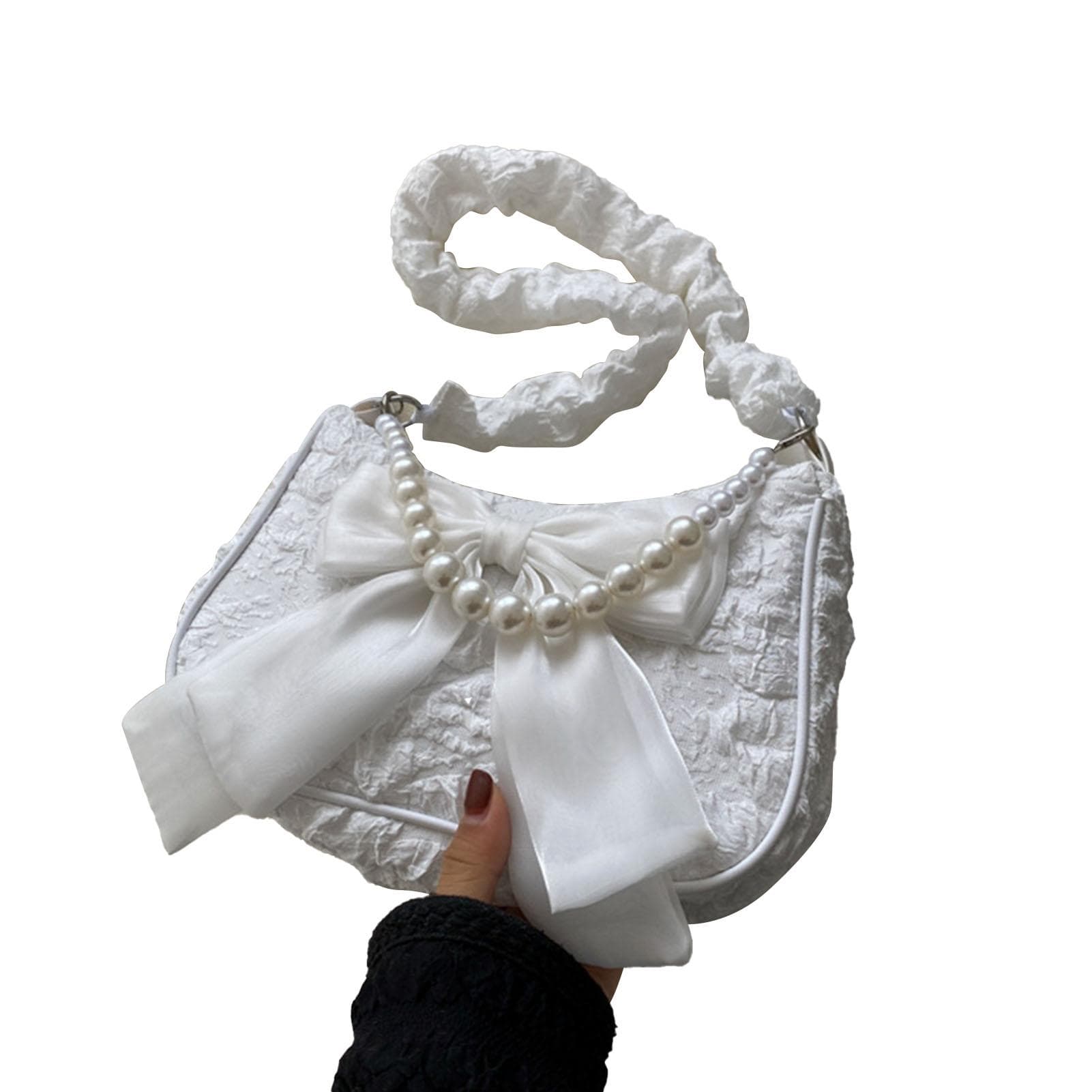 Women Shoulder Bag Casual Fashionable Lace Ruffles Lady Handbag with Bow Bead Chain for Daily One Size beige