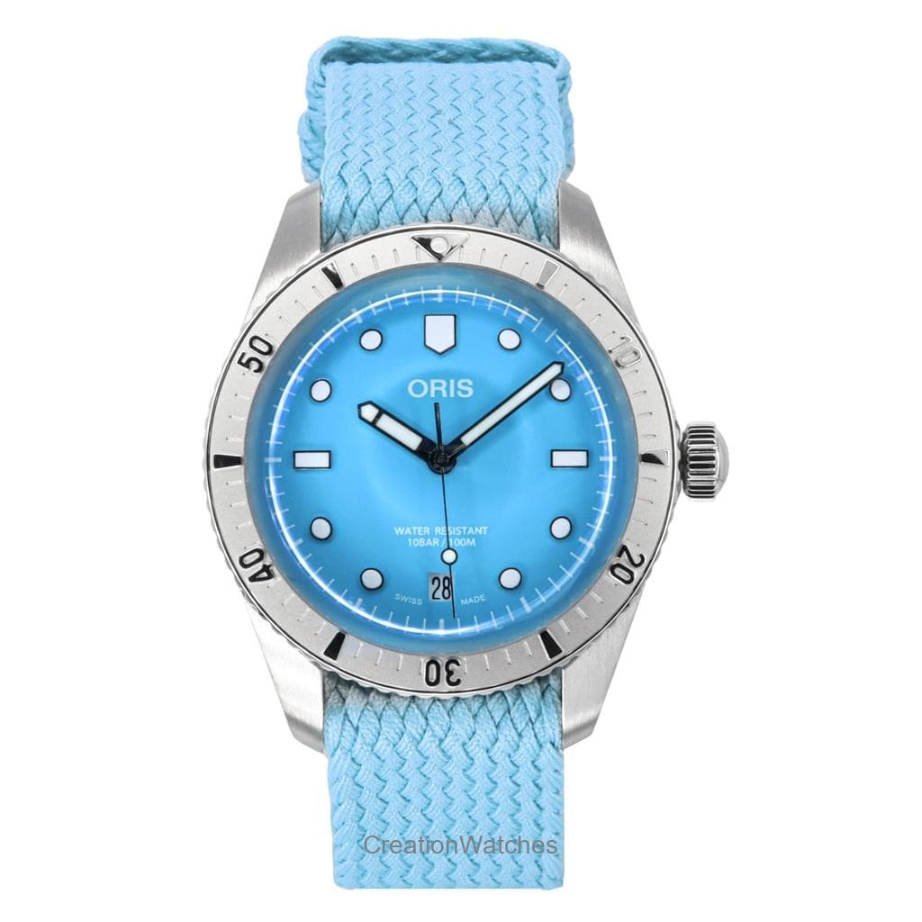 Oris Divers Sixty-Five Cotton Candy Textile Strap Blue Dial Automatic 01-733-7771-4055-07-3-19-02S 100M Unisex Watch blue