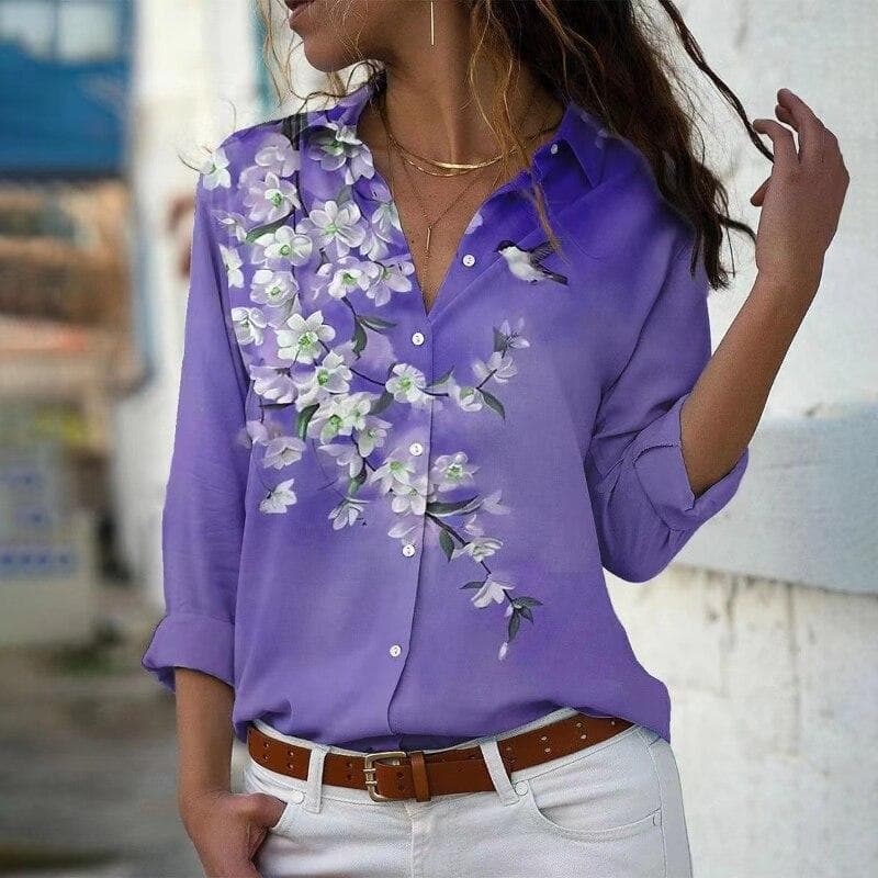 Casual Slim-Fit Button Blouse Spring Turn Down Collar 3D Flower Print Shirt Fashion Long Sleeve Tops Women Blusa Feminina 26264 XXL ultra