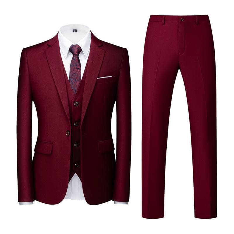 Formal Suit 3 Piece Set Suit for Men's Business Office Wedding Party Suit Blazer+Pant+Vest M wine red