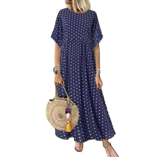 Women Dot Print Maxi Dress Sleeve Crew Summer Short Neck Long Dress XL navy blue