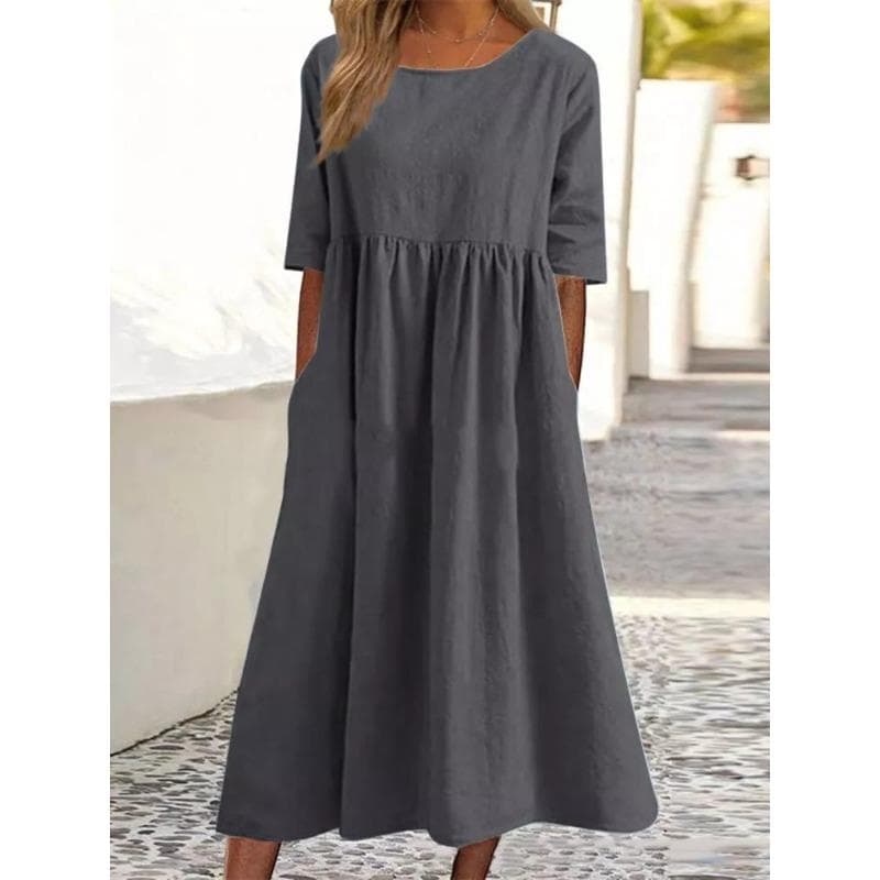 Spring and Summer Women's Dress Round Neck Large Size Casual Loose Long Solid Colour Cotton Linen Dresses 5XL gray