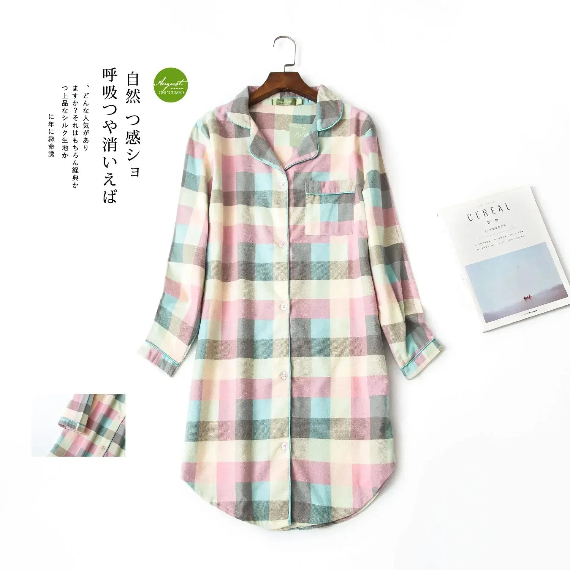 Flannel Cotton Home Nightgown Cardigan Shirt Nightgown Cute Cartoon Plaid Design Pajamas Pajamas for Women M