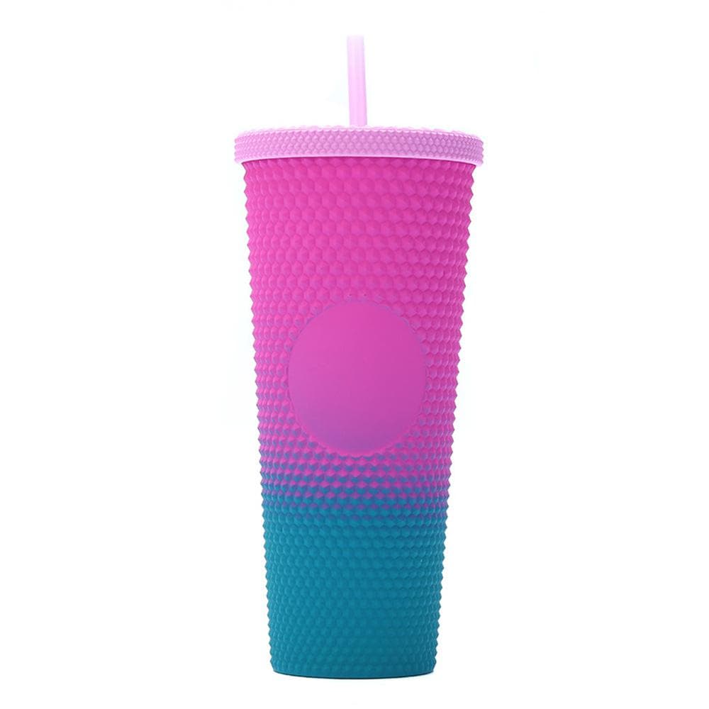 710ML/24OZ Large Capacity Water Cup Fully Studded Matte Tumbler Reusable Plastic Cup with Wide Opening Leak-Proof Lid Straw green/pink