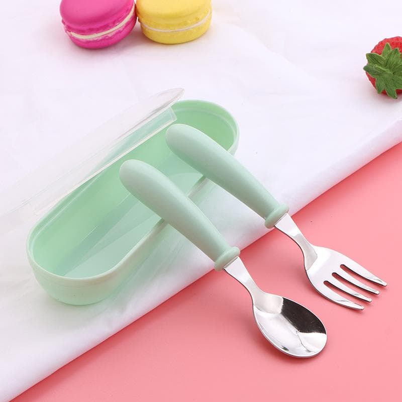 3pcs Children Spoon Forks Box Kids Stainless Steel Kids Cutlery Portable Baby Feeding Utensils Baby Spoons Baby Tableware Set green