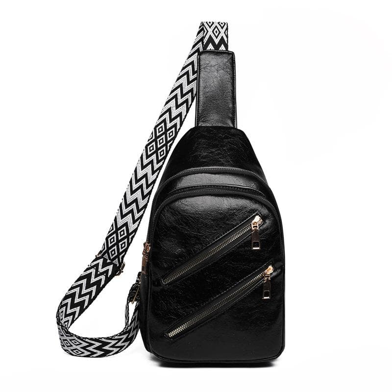 Chest Bag Women's Soft Leather Shoulder Bag Double Zipper Crossbody Bag black