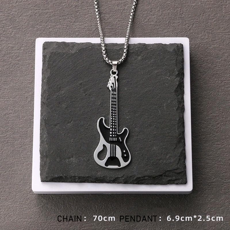 Guitar Pendant Titanium Steel Necklace Men's Hip-hop Fashion with The Trend of Men's Necklace Women's Necklace. silver
