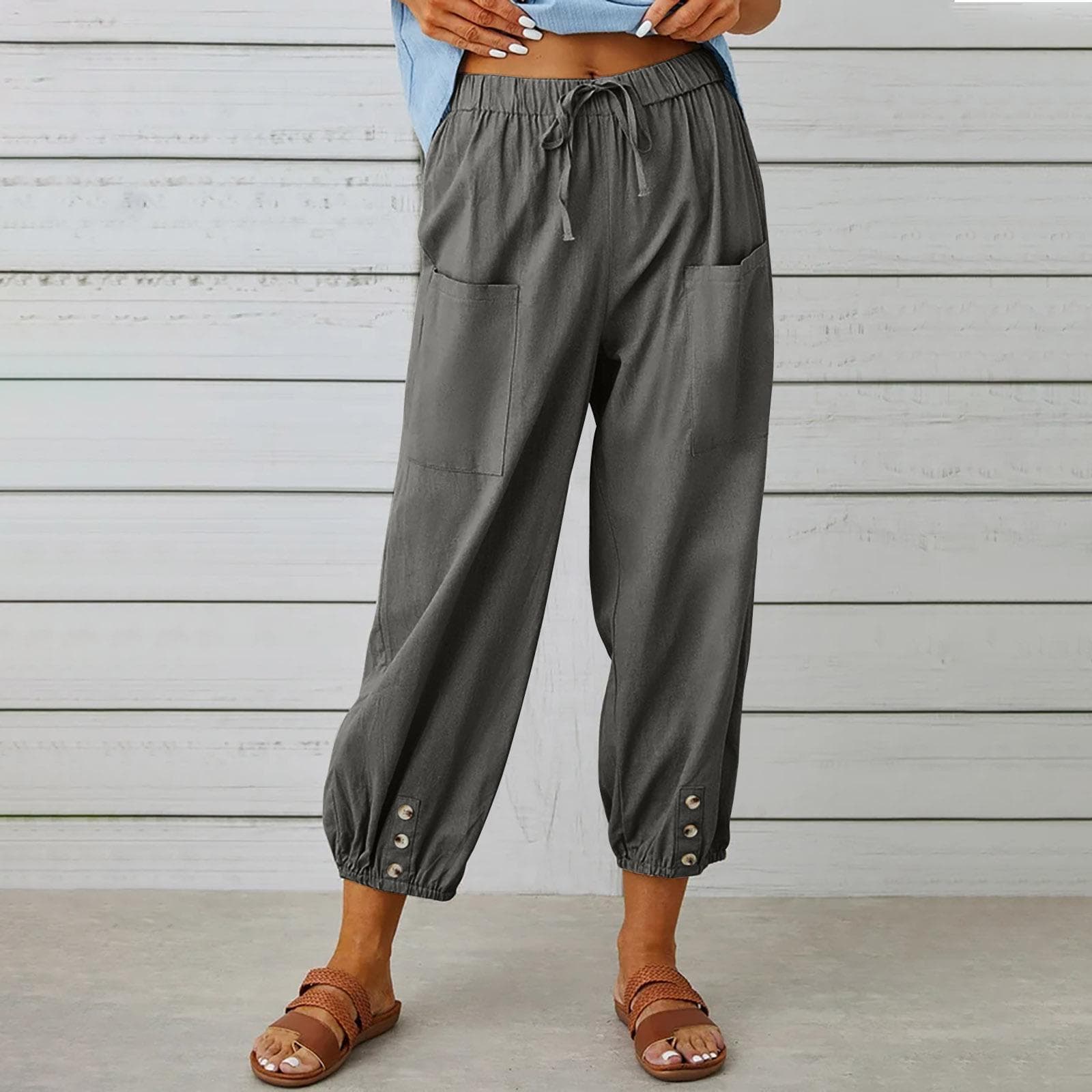 Summer Women's Pants Loose High Waist Button Cotton Linen Pants Nine-point Pants Wide Leg Pants XXXL dark gray