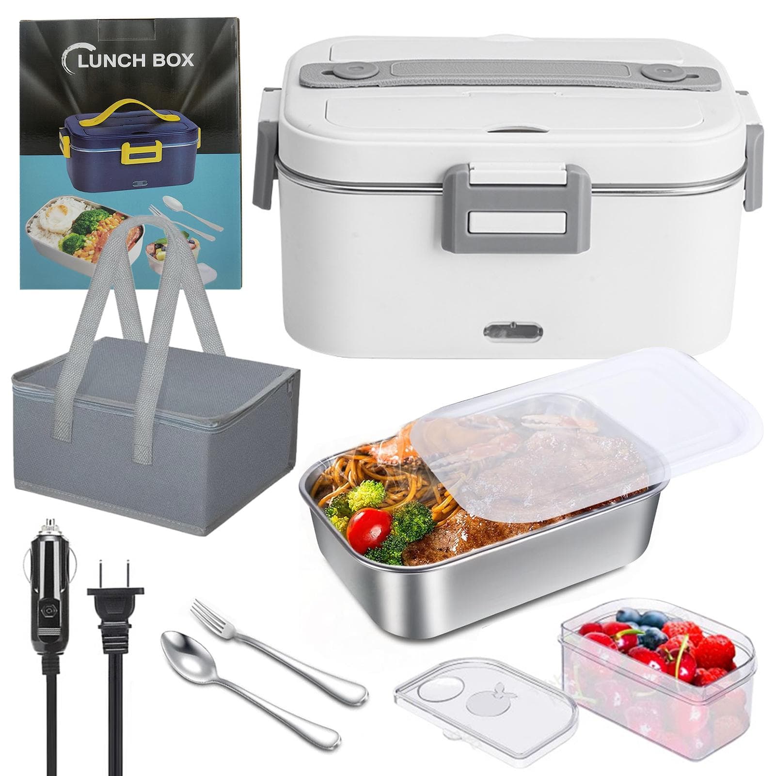 1.8L Electric Lunch Box Heated Lunch Box 75W Car Home Dual Use with Removable Stainless Steel US PLUG white