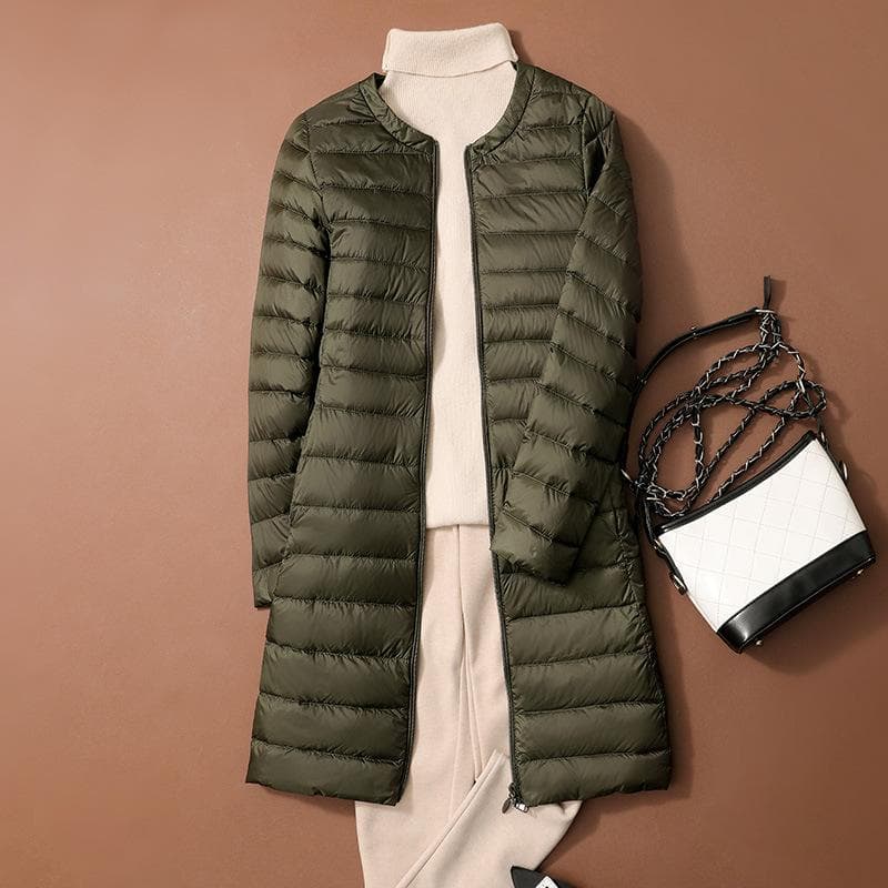 Autumn Winter Ultralight Women Long Duck Down Coats Korean Style O-Neck Feather Lining Collarless Puffer Outwear L green