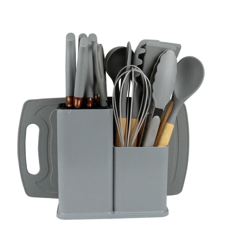 19pcs Heat Resistant Silicone Kitchen Utensil Set with Non Stick Tools and Knives in Bamboo Storage Ideal for Easy Cooking grey
