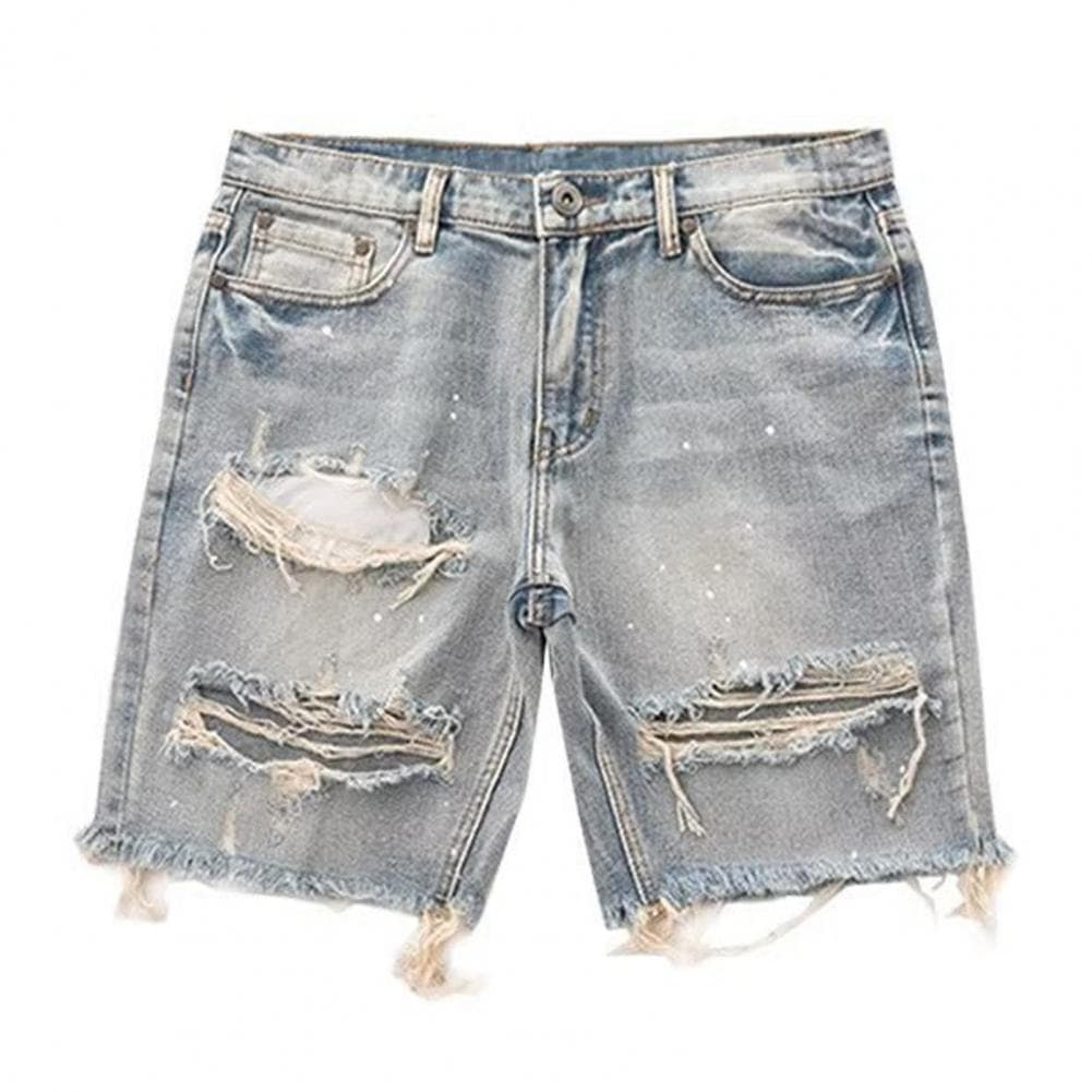 Men Summer Distressed Denim Shorts Button Zipper Fly Multi Pockets Short Jeans Straight Fit Ripped Holes Knee Length Distressed M blue