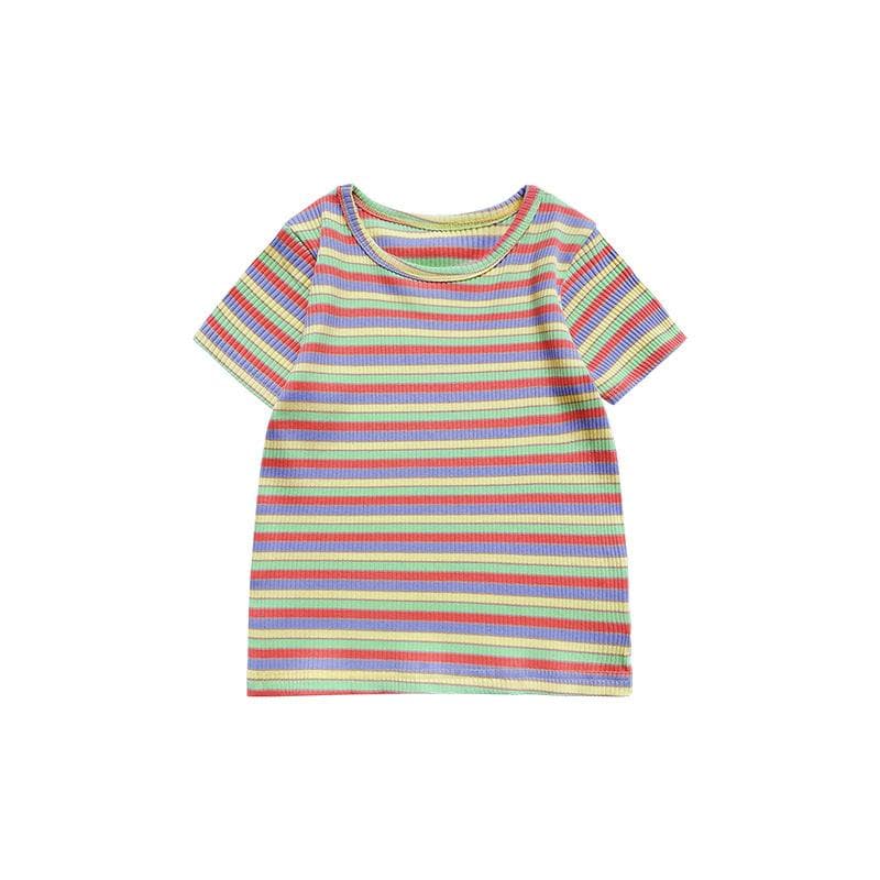 Girls Short-sleeved T-shirt Summer New Style Baby Colorful Striped Bottoming Shirt Trendy Children's Western Style Shirt Top 140cm