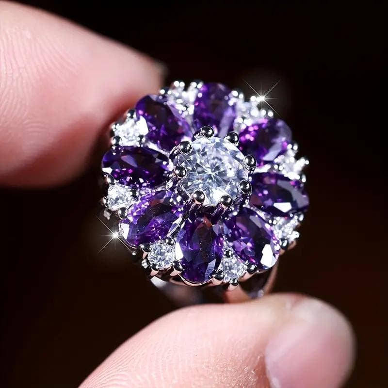 Vintage Female Oval Cut Purple Stone Floral Petal Ring Silvery Color Engagement Flower Ring Bride Wedding Rings for Women 6 purple