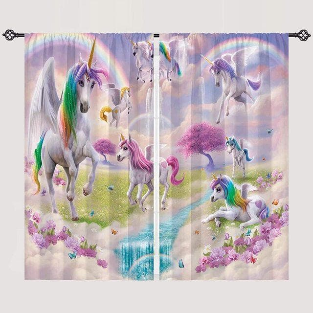 Rainbow Unicorn Curtains Girls Bedroom Decor Boys Dinosaur Curtain Colorful Cartoon Dino For Kids Safari Wildlife Window Drapes W80 X H183cm X 2