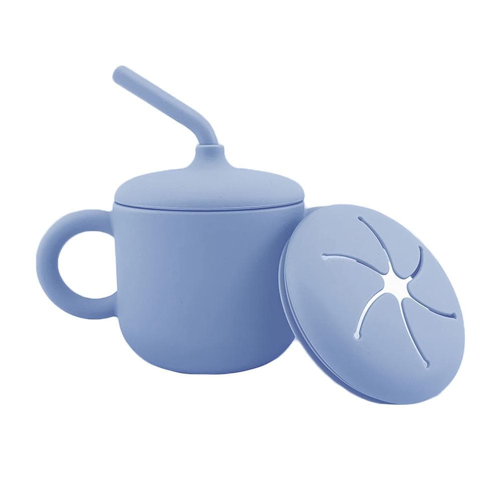 2-in-1 Silicone Baby Cups with Straw & Snack Cup Lid Silicone Sippy Cups for Baby Toddler Training light blue
