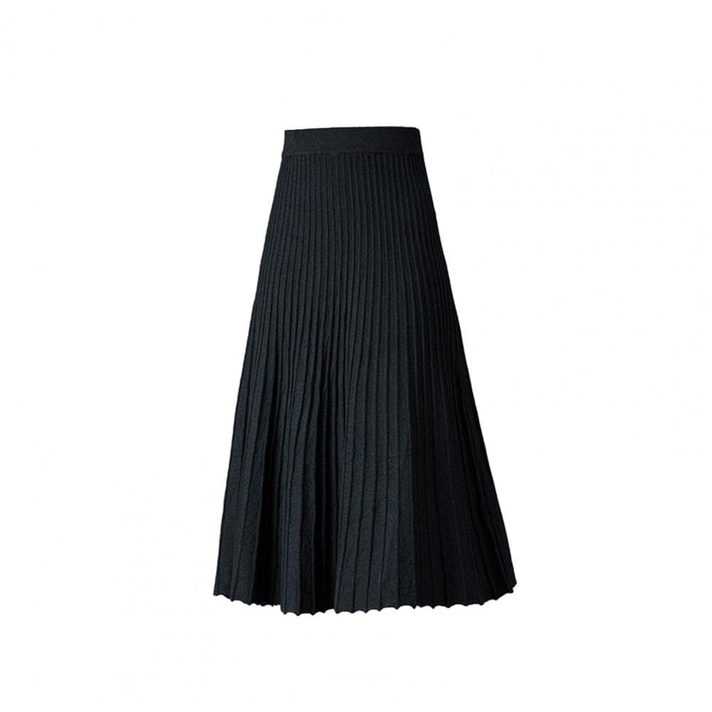 Women Pleated Skirt Elastic High Waist A-Line Midi Solid Color Mid-calf Length Skirt Thickened Commuting Style Skirt One Size black