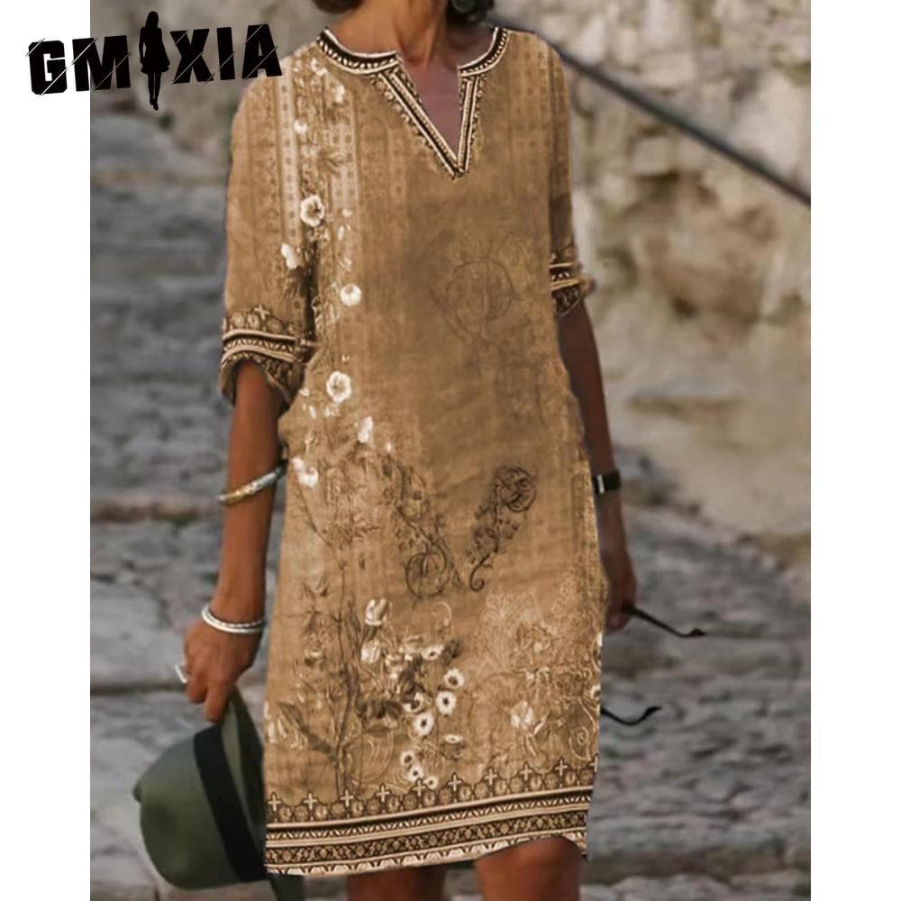 GMXIA Women Sexy V Neck T-Shirt Dress Summer Women Short Sleeve Top Women Slim Midi Dress Beach Skirt Print Dress Casual Dress S