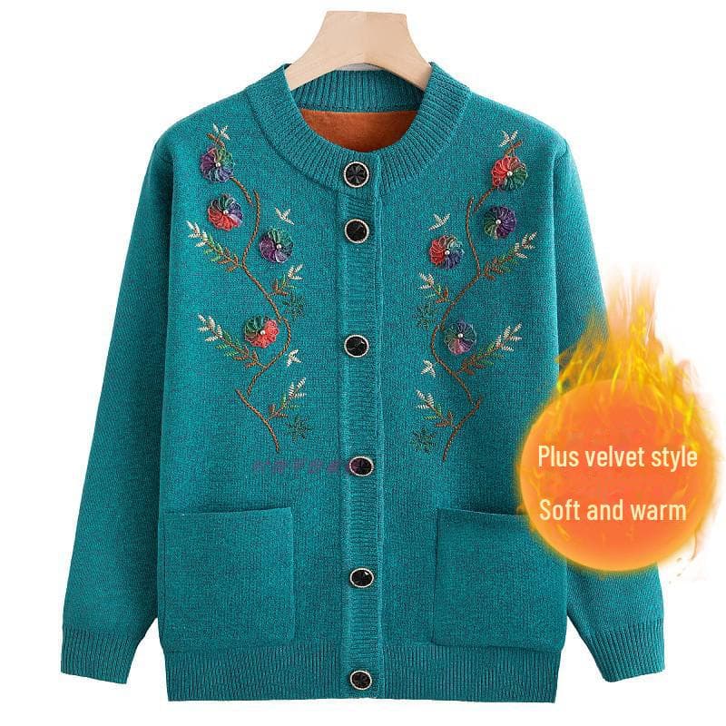 Grandma's Plus Velvet Winter Cardigan for Middle-Aged and Elderly Women - Thick, Cozy Top for Spring and Autumn 2XL (Approx. 100-115 Jin)