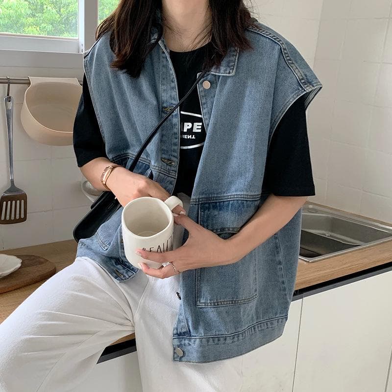 Korean Style Women's Denim Vest - Autumn Slim Fit, Harajuku Casual, All-Match Fashion M