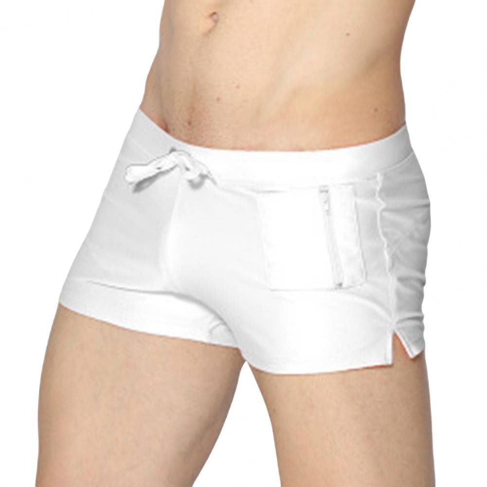 Men Swimming Shorts Drawstring Elastic Waist Zipepr Pockets Quick Dry Slim Fit Solid Color U Convex Mid Waist Bathing Boxers Sur M white