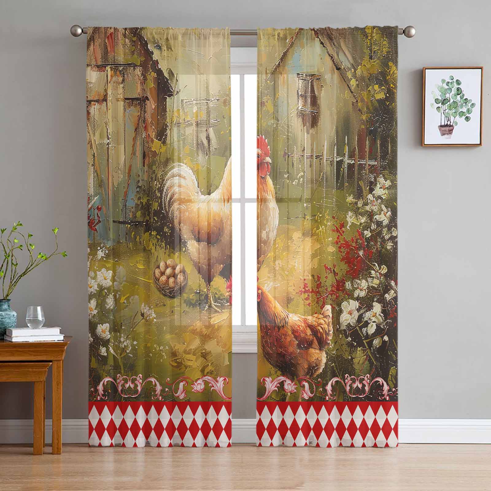 Retro Rural Farm Hens Tulle Window Curtains for Bedroom Luxury Home Decor Drapes in Living Room Chiffon Panels 135W x 114H(cm)