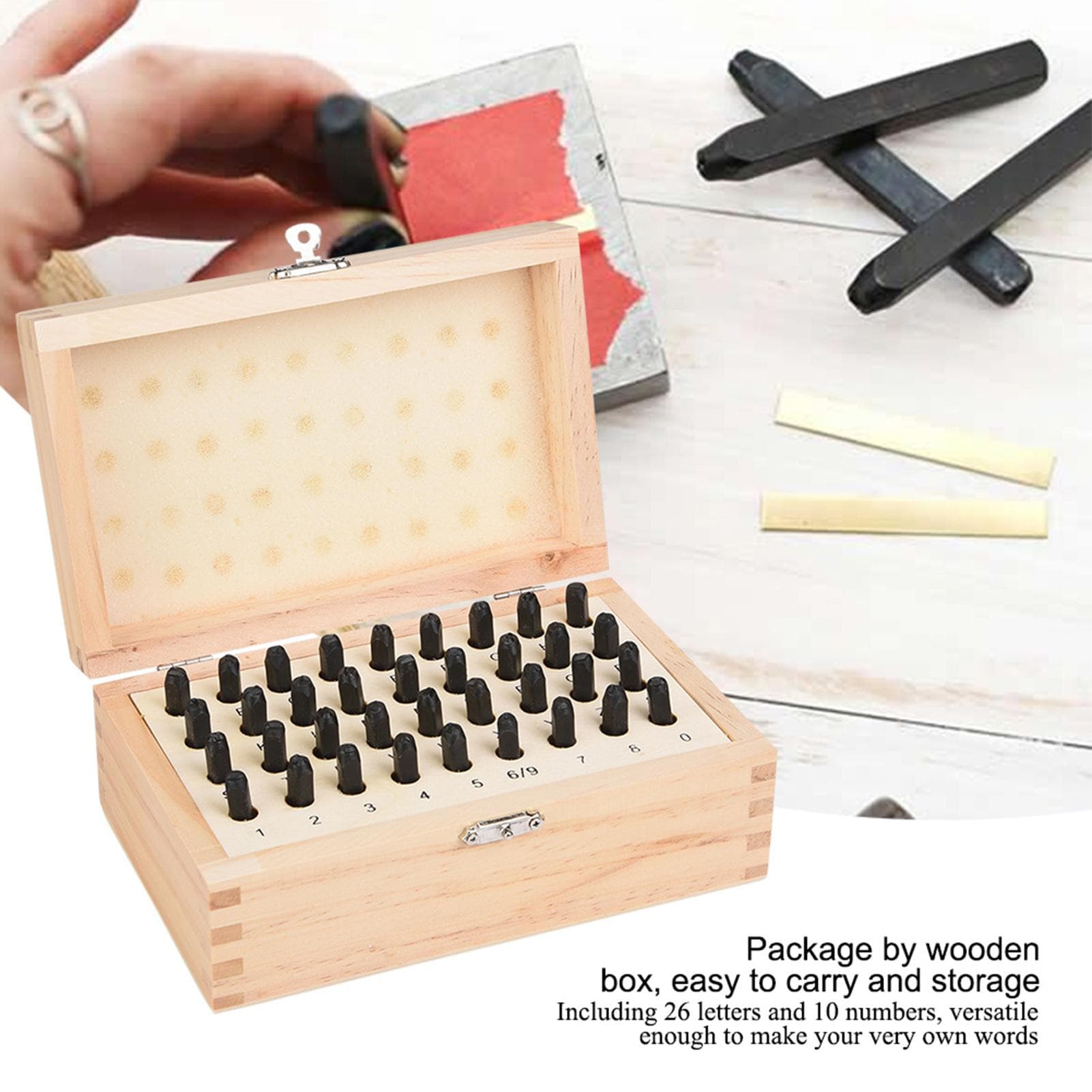 36PCS 5mm Steel Letter & Number Punch Set Alphabet Stamp Die Wooden Box Case 4mm