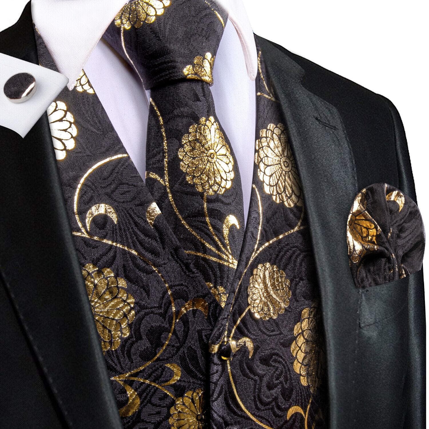 Hi-Tie Mens Waistcoat Silk Paisley Floral Tie Handkerchief Cufflinks SET Formal 2XL