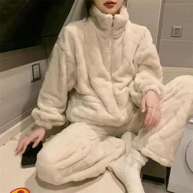 Autumn Winter Female Sleepwear Trouser Suits Thicken Flannel Turtleneck 2PCS Pajamas Set Loose Casual Warm Coral Fleece Homewear M beige