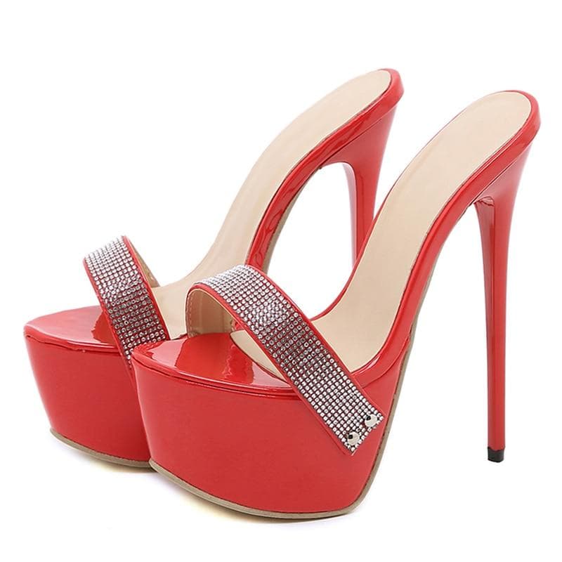 Aneikeh Sexy Bling Platform High Sandals Slippers Summer Women Fashion Peep Toe Shallow 17CM Thin Heel Shoes Slip On Sweet Party 42 red