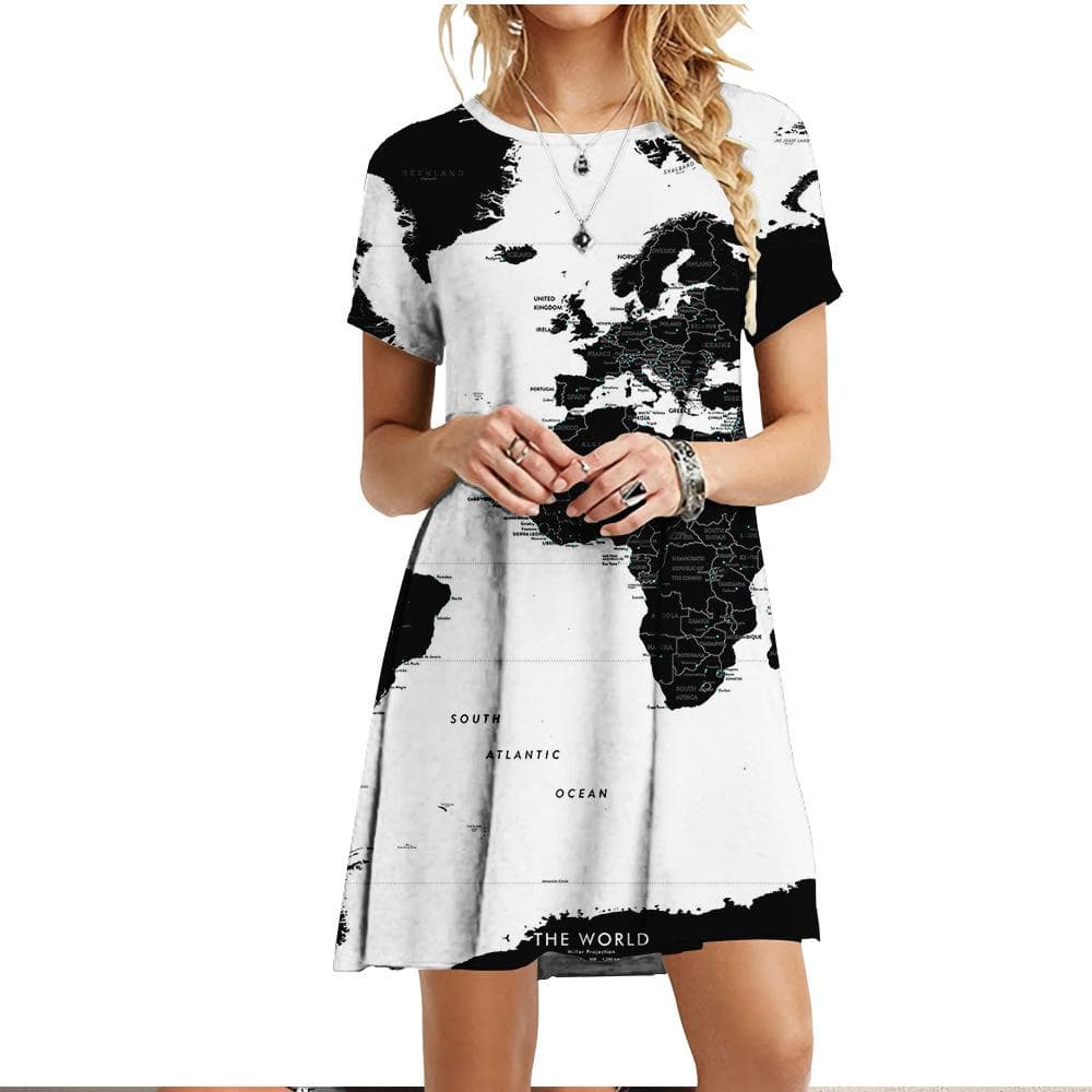 New Clothing For Summer Women World Map Dress Casual O-Neck Short Sleeve Loose Oversize Dress Fashion Ladies 3D Printed Dresses XS