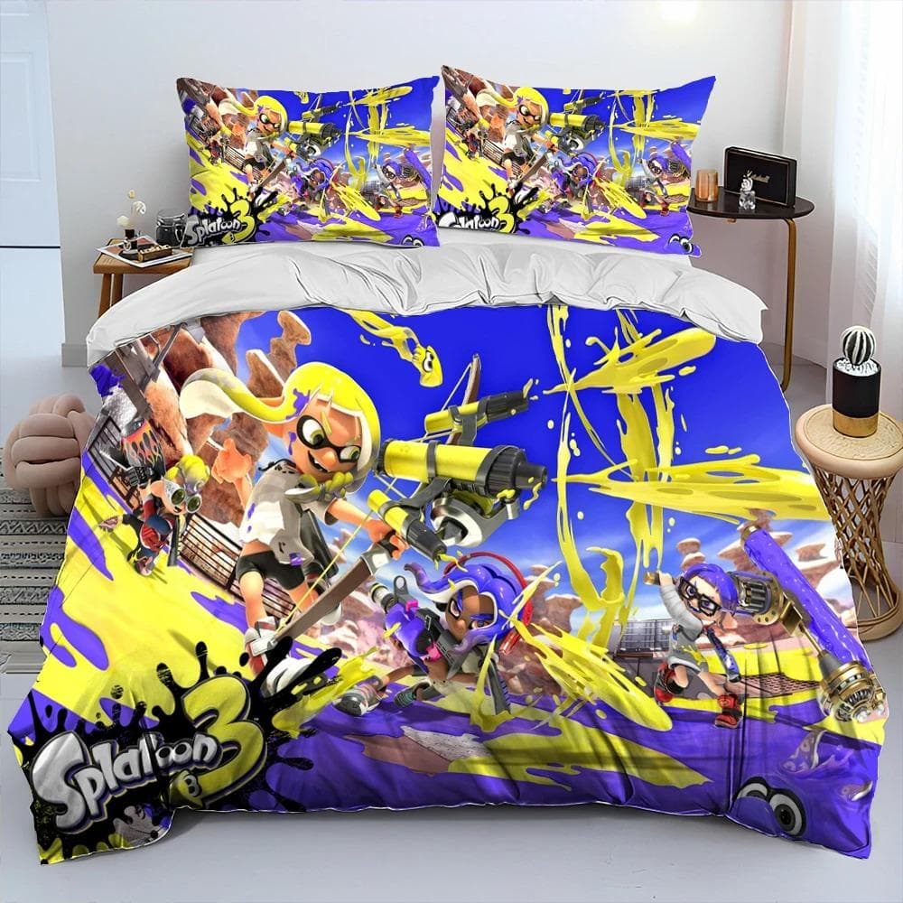 S-Splatoon Game Gamer Cartoon Comforter Bedding Set,Duvet Cover Bed Set Quilt Cover Pillowcase,King Queen Size Bedding Set Kids EU Single 135x200cm