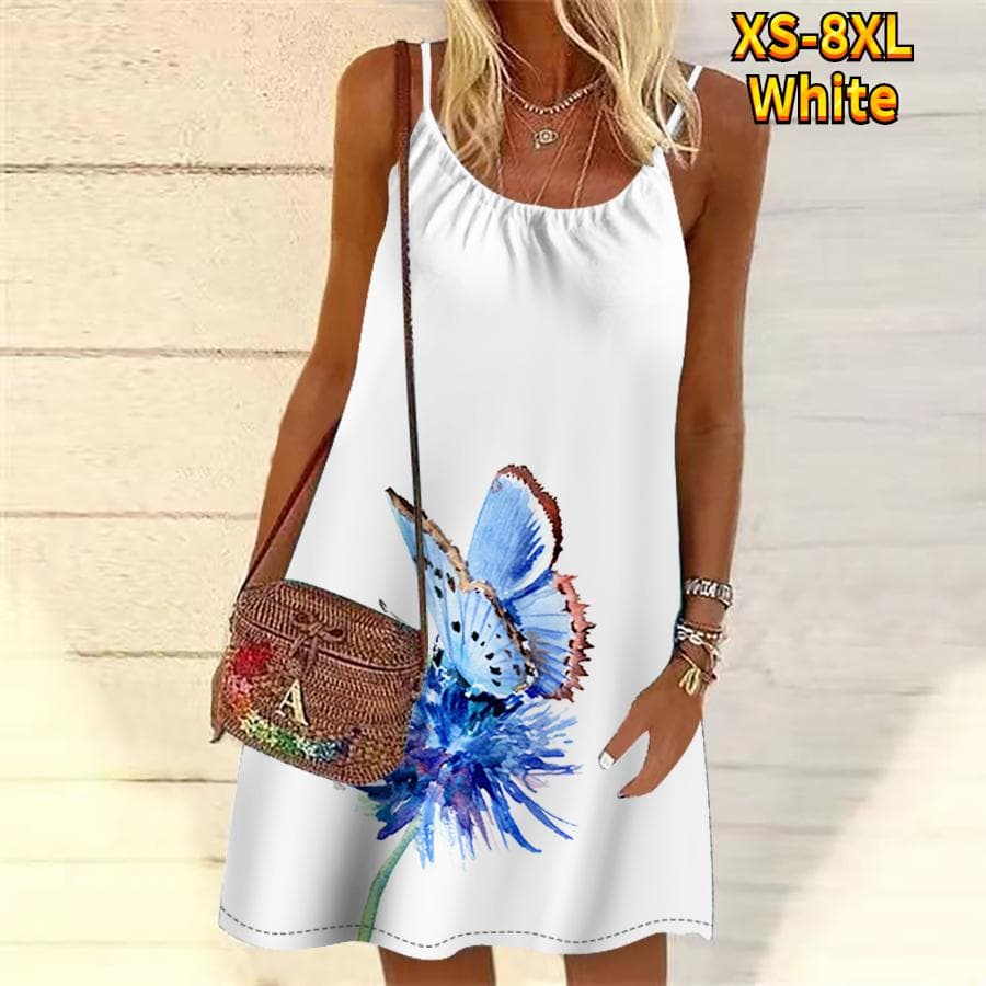 Women Flower Butterfly Pollination Printed Mini Dress Sleeveless Party Dress Summer Beach Dress Sundress 3XL white