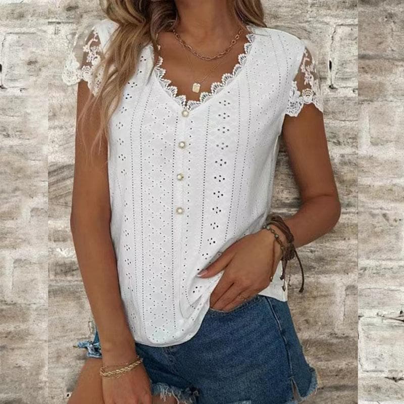 Summer Women's T-shirt Fashion Loose Solid Color Lace V-neck Short-sleeved T-shirt Tops XXXL white