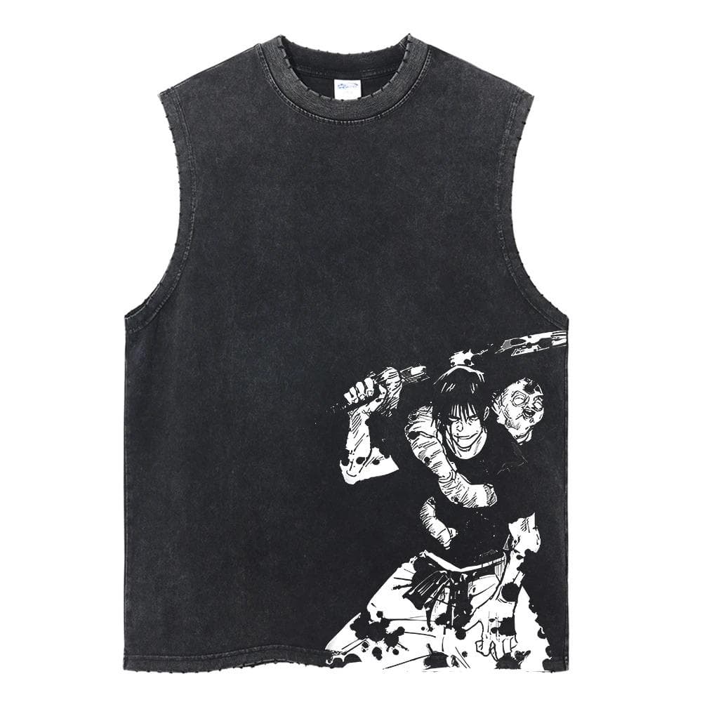 Summer Men Vintage Streetwear Sleeveless T-Shirts Cotton Tops Tees Washed Anime Print Casual Tops Oversize Tank Top S