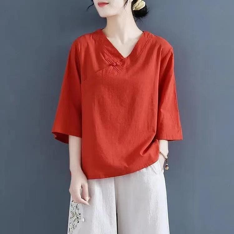 Cotton and Linen Large-size Five-point Sleeve T-shirt for Women In Autumn and Summer New Loose Slim V-neck Tea Clothing Base Top 4XL orange