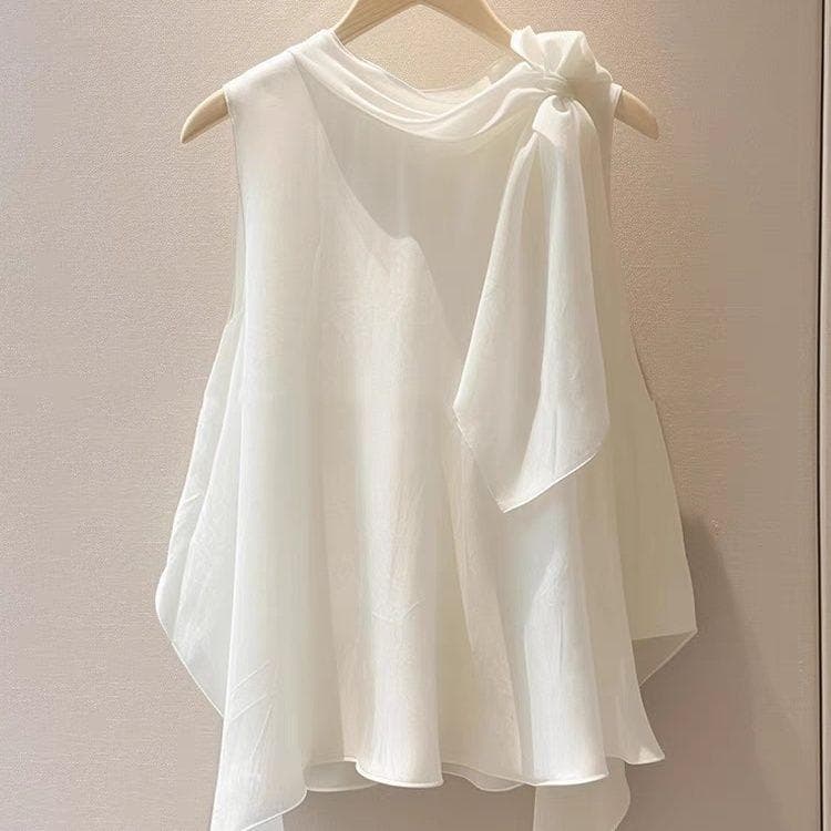 White French Chic Blouse Sleeveless Bow Design Elegant High Quality Fashion Shirt Women L