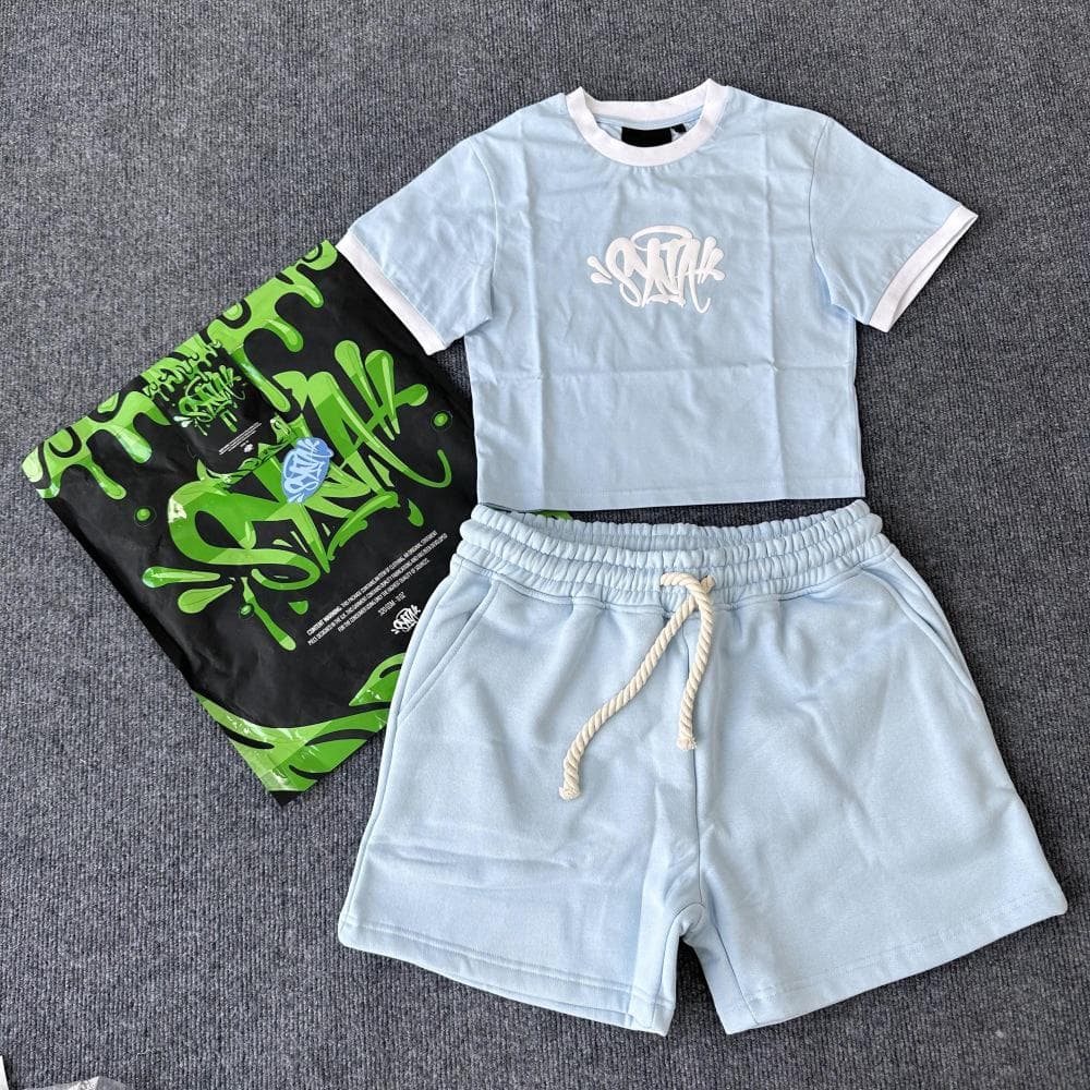 Synaword Men's Trendy American Foam Letter Print T-Shirt & Shorts Set S white/blue