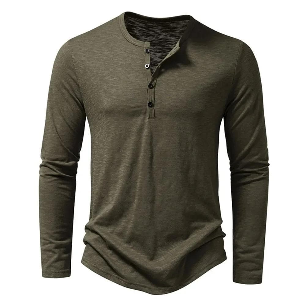 Men's Cotton Button T-Shirt Henley neck Shirt Long Sleeve Casual Solid color T-Shirts XL army green
