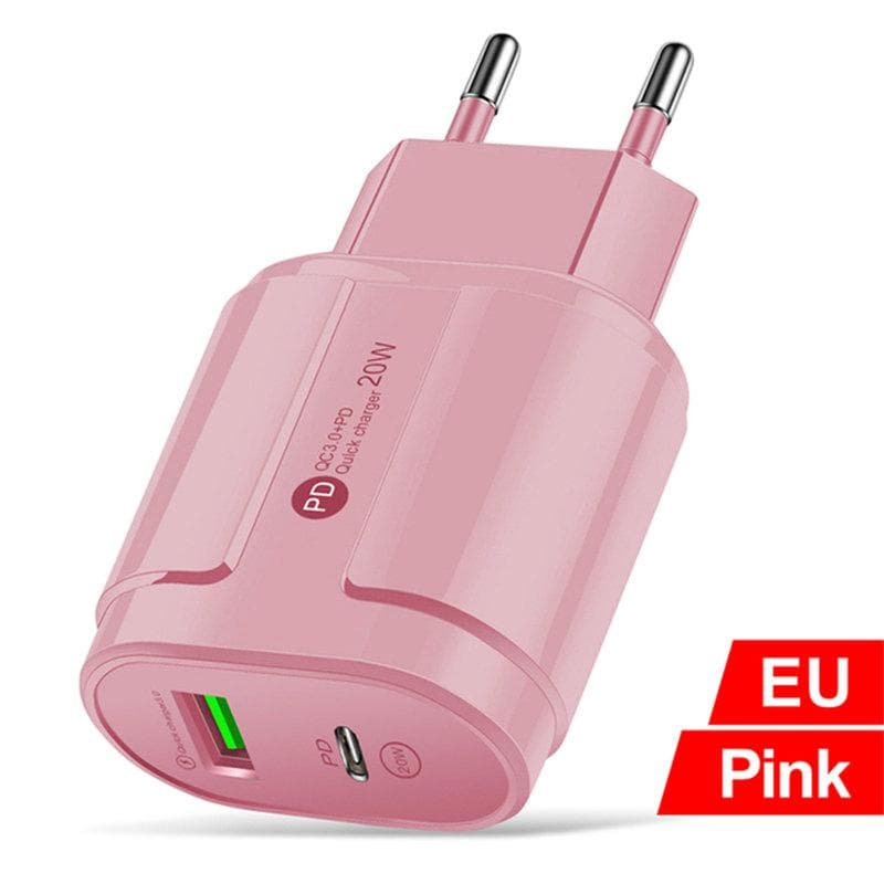 20W PD USB 5V 2A C Charger Dual Ports Wall Fast Charging Type-C Phone Adapter For iPhone 14 13 11 Pro iPad Huawei Xiaomi Samsung EU Plug pink