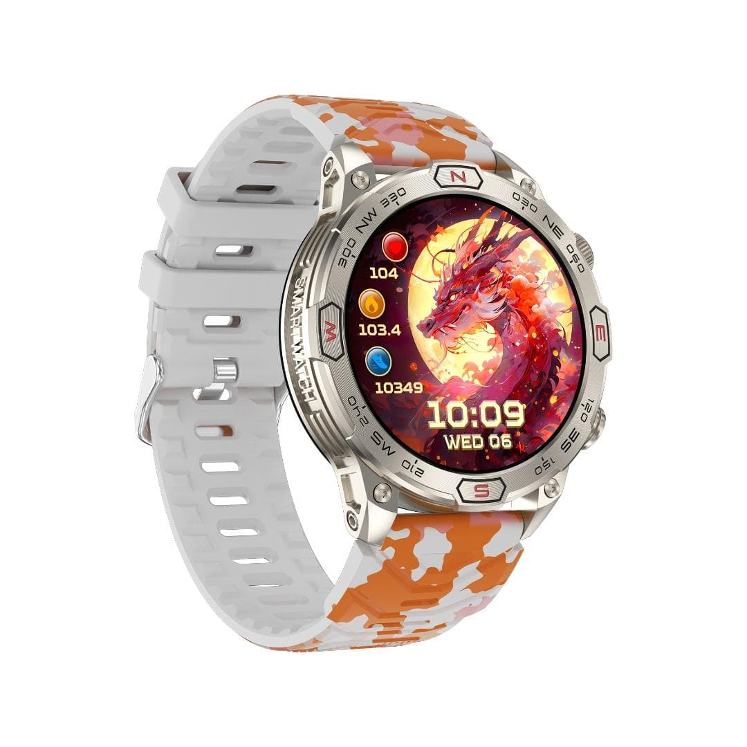 Rainbuvvy KC86 Outdoor Sports Watch 1.43inch Screen Bluetooth Call Heart Rate Calories Altitude Pressure Compass Flashlight Bluetooth Smart Watch orange/camouflage