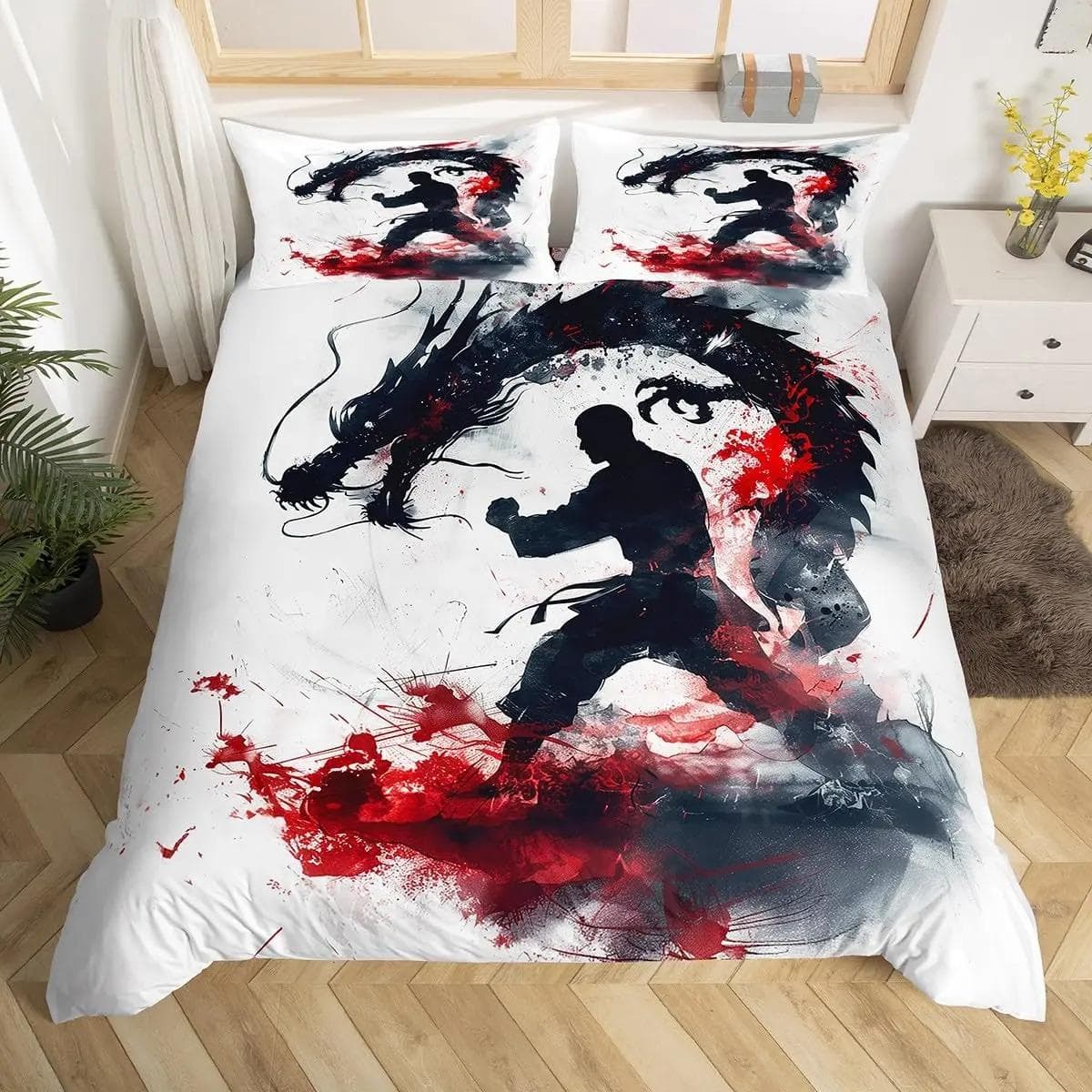 Taekwondo Duvet Cover Set King Queen Size,Chinese Martial Art Kung Fu Bedding Set,sport Theme Quilt Cover with 2 Pillowcases 70x133cm 2pcs