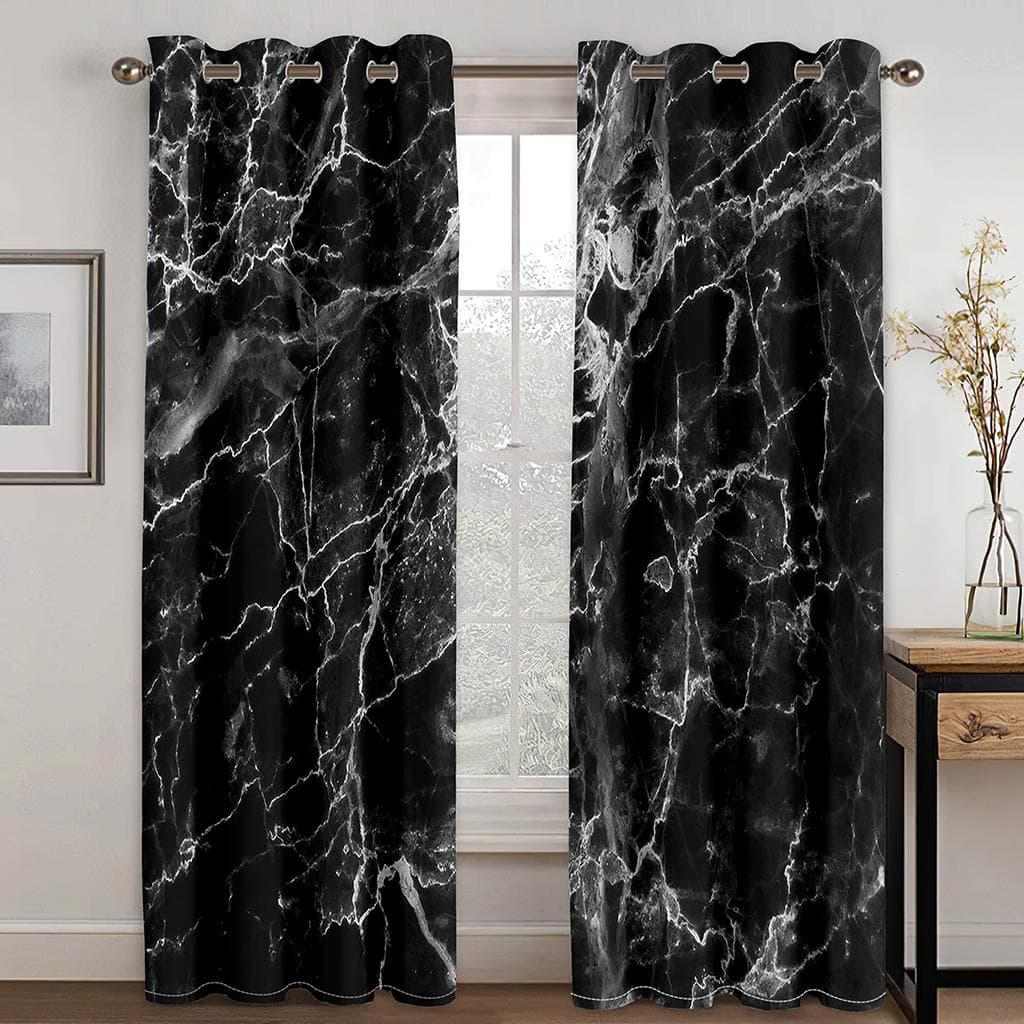 3D Luxury Cheap Black and White Marble Thin Shading Window Curtain for Living Room Bedroom 2 Pieces Decor Hook 208W208H(CM)82x82in&Grommet Top