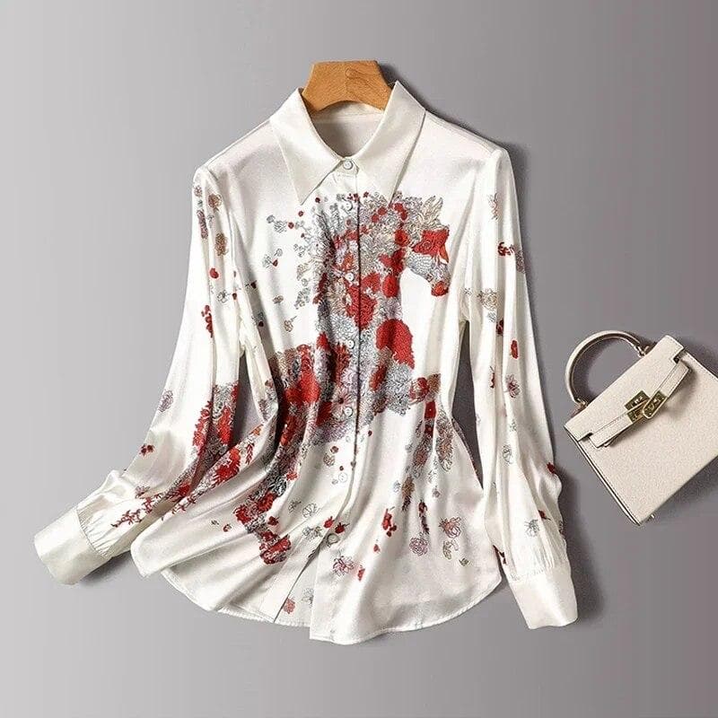 2023 Autumn Long Sleeve Lapel Printed Blouse Simple Elegant Women Silk Shirt Loose Button Fashion Casual Office Women Tops 29966 M white