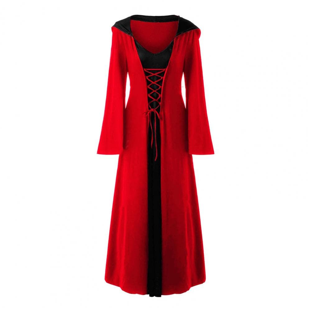Women Cosplay Dress Dark Style Halloween Party Witch Costume Lace-up Strap Hooded Color Matching Long Horn Sleeves A-line Perfor S red black
