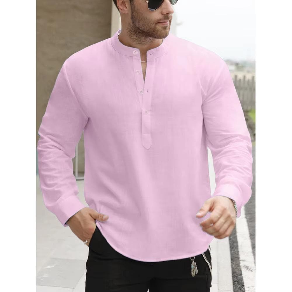Premium White Cotton Linen Henley Shirts for Men Lightweight Long Sleeve Casual Streetwear Everyday Wear US XXL 90-100 KG pink