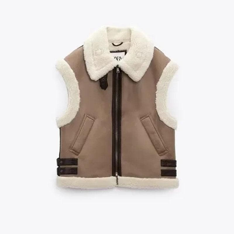 Autumn Winter New Ladies Warm Fur Integrated Sleeveless Fleece Stitching Coat Vest Jacket L brown